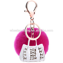 2016 gift rhinestone bag keychain with pink rabbit fur ball